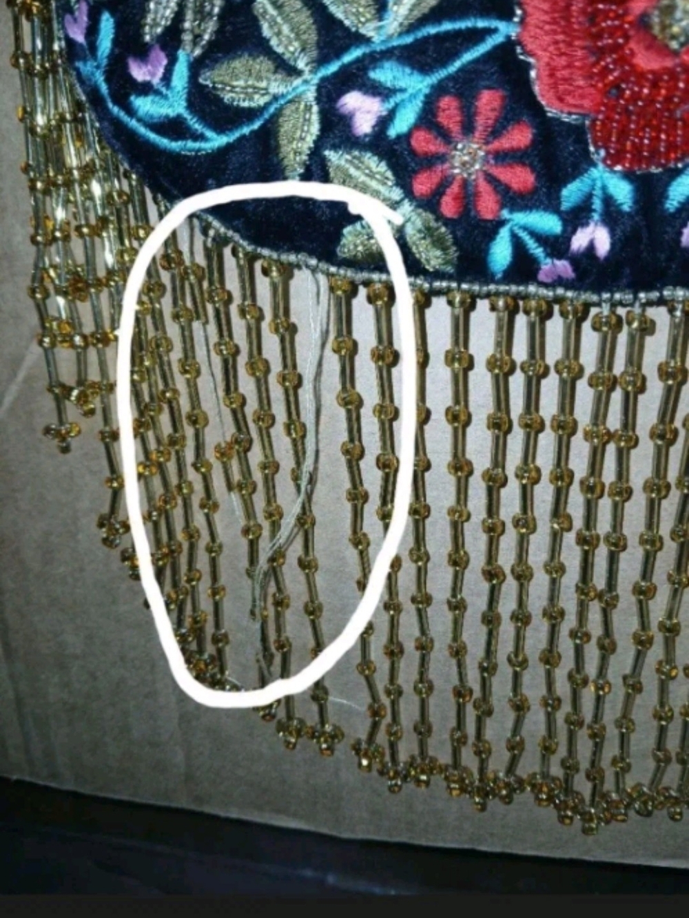 Embroidered Black Velvet Drawstring Bag with Gold Beaded Fringe - Picture 4 of 5